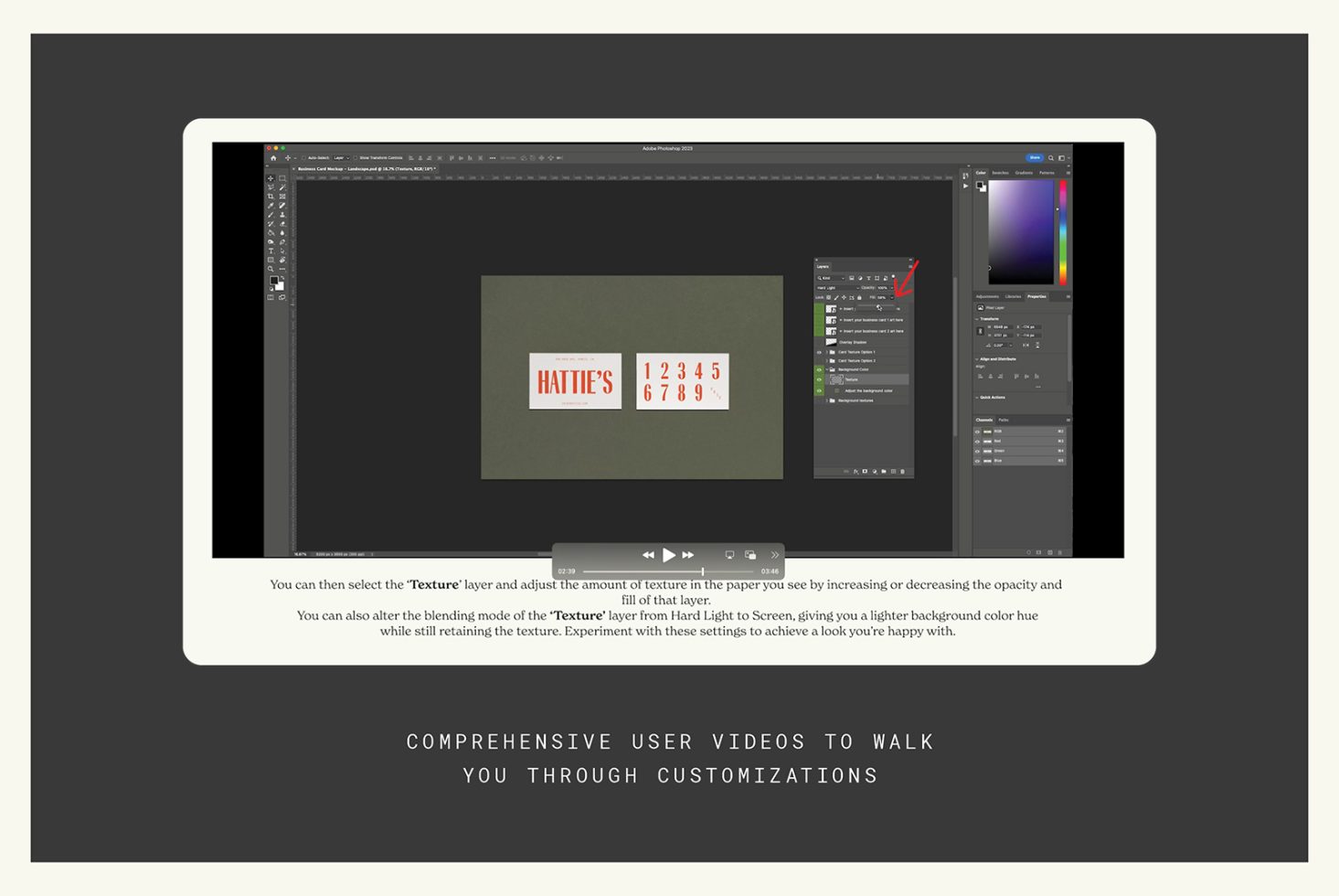 Graphic design tutorial showing Adobe Photoshop interface, highlighting layers with instructional text for designers and template customization.